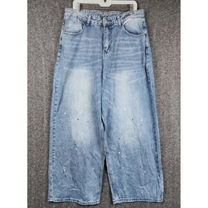 Manfinity Baggy Wide Leg Jeans Mens XL Blue Paint Splatter Y2K Streetwear 34x29